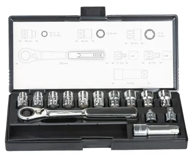 A toolset in an open case, with diagrams and labels on the inside lid.