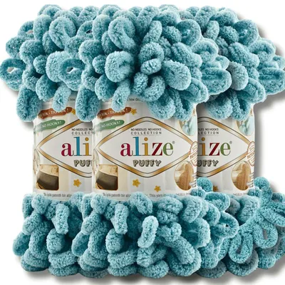 Zdjęcie produktu dla Alize Puffy Wolle, 3 motki po 100g, kolor jednolitego koloru (Azure - 414), idealna do szydełkowania i robienia na drutach