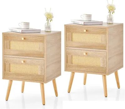 Imagen del producto de Mesita de noche de madera, mesita auxiliar con 2 cajones de ratán, mesita de noche de 40 x 40 x 59 cm, mesa auxiliar para salón o dormitorio (2 unidades)