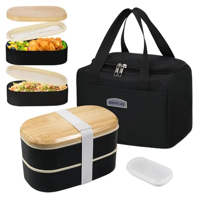 Bento-Box 1500 ml, 2-lagig, mit Besteck, schwarz