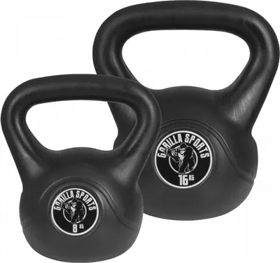 Two black kettlebells are shown against a white background.