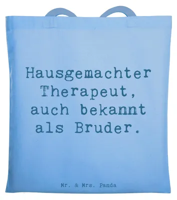Produktbild von Mr. & Mrs. Panda Shopping Tasche Spruch Bruder Therapeut - Sky Blue - Geschenk, Familienbande, herzerwärmende Sprüche, Handarbeit, Schultasche, Jutebeutel, Einkaufstasche