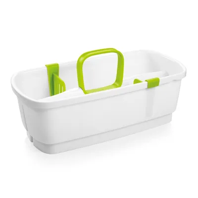 A white cleaning caddy with a green handle and green clips, shown against a white background.