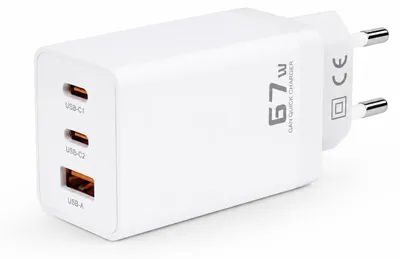 Obrázek produktu pro Napájecí zdroj GaN, 67 W, 2x USB-C, 1x USB-A, podpora PD 3.0, QC 4.0, bílá barva