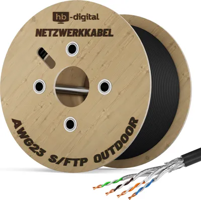 A wooden spool of black network cable with the cable ends showing the individual wires.