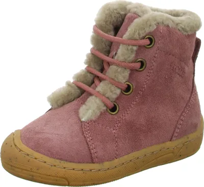 A single pink boot with fur lining and laces, isolated on a white background.