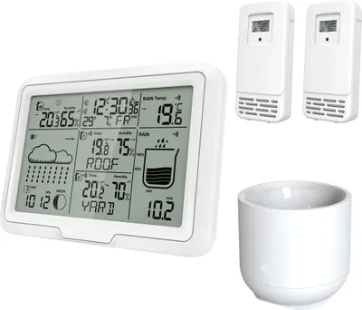 Produktbild von Miraval Design Funk-Wetterstation mit 2 benennbaren Sensoren + Regenmesser Mondphasenanzeige Luftfeuchtigkeit Temperaturanzeige Alarm