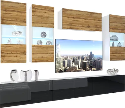 Immagine prodotto di BELINI Set di pareti attrezzate per il soggiorno Parete attrezzata moderna con illuminazione a LED Bianco lucido Parete attrezzata mobile TV Rovere Wotan / nero lucido/opaco
