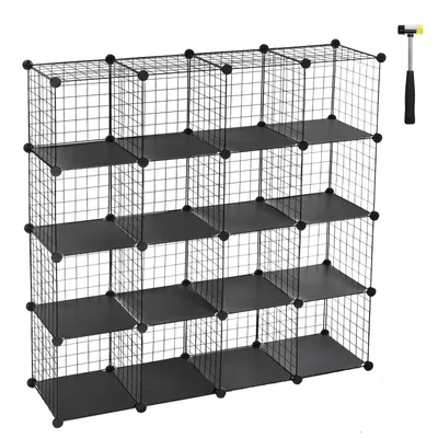 A black wire cube storage unit with black shelves, shown against a white background. A small rubber mallet is visible in the upper right corner.