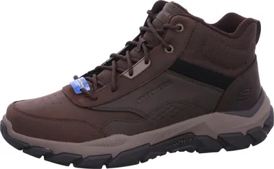 A single brown and black Skechers men's lace-up boot is shown against a white background.