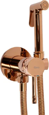 A rose gold bidet faucet set mounted on a wall.