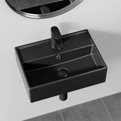 Produktbild von HOROW Wandmontage Waschbecken Bad Hänge- oder Aufsatzwaschtisch Weiß oder Schwarz Aufsatzwaschbecken mit Hahnloch klein 45x31cm