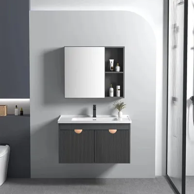 A modern bathroom vanity set with a sink and medicine cabinet.