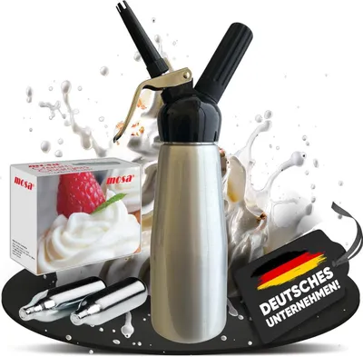 Produktbild von mosa company Sahnespender Aluminium Silber-Schwarz 0,5 Liter, 10 Sahnekapseln, Lebensmittelecht, leichte Reinigung, Sahne 2 Wochen haltbar, einfache Dosierung, formschön, für Sahne, Desserts und Cremes, kompatibel mit allen gängigen Kapseln (Kunststoff/Alu)