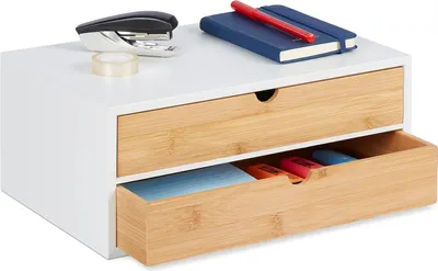 Produktbild von Famanu Büroorganizer mit 2 Schubladen - Bambus und MDF, Weiß, 14 x 33 x 21 cm