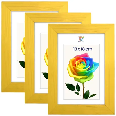 Obrázok produktu pre MG Design, sada 3 kusov rámov na fotografie, 13 x 18 cm – fotorámiky so žltým dreveným rámom a nárazuvzdorným akrylovým sklom, vhodné na zavesenie aj na postavenie (vertikálne aj horizontálne)