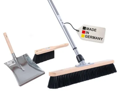 Produktbild von BawiTec Saalbesen Kehrset XL 60cm mit Teleskopstiel Handfeger und Kehrblech Kehrgarnitur Profi Besen Feger Set