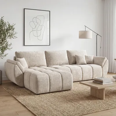 Produktbild von EZIMPAZ Ecksofa CALVANI Gesteppt mit Schlaffunktion und Bettkasten Cremig Links