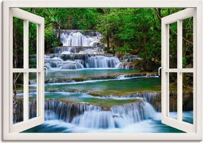 Produktbild von ARTland Leinwandbild Fensterblick Wasserfall - weiß Größe: 100x70 cm