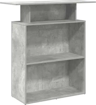A standalone image of a gray reception desk.