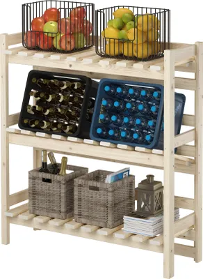 A wooden shelving unit filled with various items including fruit, bottles, and baskets.