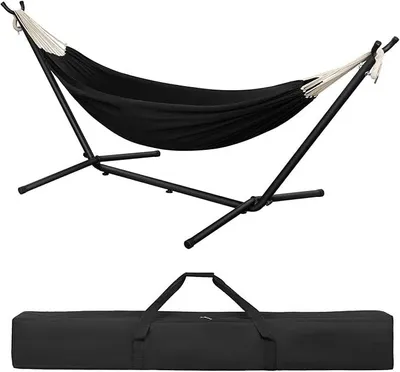 Produktbild von Hängematte mit Gestell,Hängematte Indoor & Outdoor, Doppel für 2 Personen, 250 kg belastbar,mit Tragtasche, für Indoor Schwimmbad Terrasse Hof Garten Balkon (Schwarzkohle, 280 * 106 * 100cm)