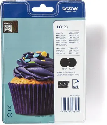 Productafbeelding van Brother LC123BKBP2DR, Zwart, Pigmentinkt, 1 stuk, 600 pagina's, 600 pagina's, Meervoudig verpakking