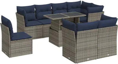 Immagine prodotto di Set Divano da Giardino 9pz con Cuscini Grigio Polyrattan Acacia