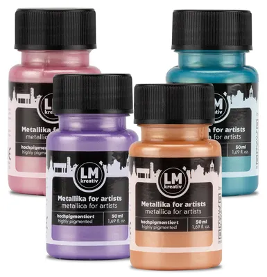 Produktbild von LM-Kreativ Metallika for Artists Set Pastell Poesie, 4 x 50 ml – hochpigmentierte Metallic-Acrylfarben für Holz, Leinwand, Keramik & Glas, KI-generiertes Bild