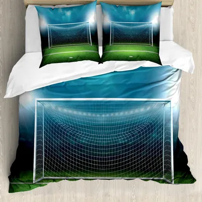 Produktbild von ABAKUHAUS Fußball Bettbezug Set, Soccer Goal Post Sportbereich Gewinner Verlierer Linie Flutlicht Best Team Finals Spiel Thema, 155 x 220 cm + 80 x 80 cm, Grün blau