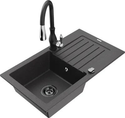 Produktbild von Mexen Pablo 1 Becken-Granitspüle mit Abtropffläche und Mischbatterie Savita, Schwarz gesprenkelt - 6510-76-672601-70-B