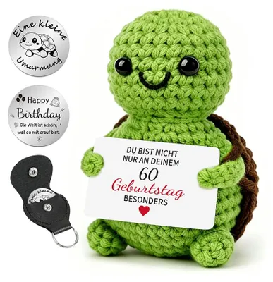 Handgehäkelte Schildkröte mit Karte, Münze & Etui – 60. Geburtstag