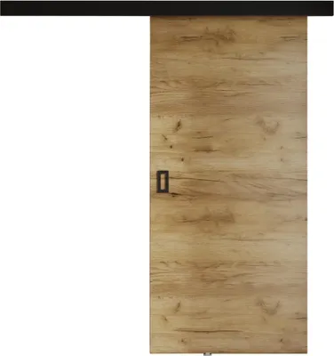 A sliding door with a wood grain texture and a black handle, mounted on a black track.