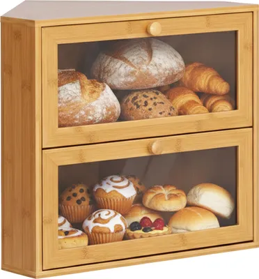 Produktbild von Relaxdays Eck-Brotkasten Bambus, 2 Etagen, Brotlade mit Sichtfenster,  HBT: 35x40x27,5 cm, Brotbox platzsparend, natur