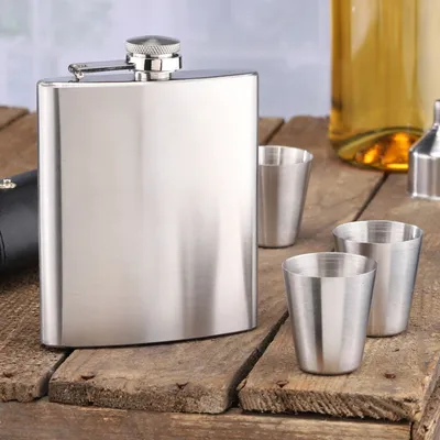 Produktbild von 7-tlg. Edelstahl Flachmann Set Taschenflasche Schnapsflasche Becher Tasche 210ml