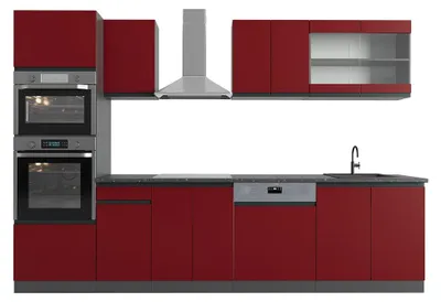 Image de Cuisine Vicco R-Line Rouge/Anthracite 300cm J-Shape, avec armoire haute, sans PT, Model 39833