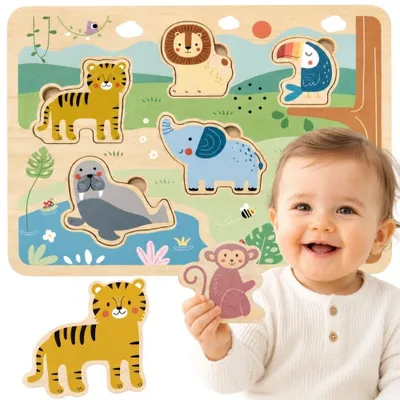 Zdjęcie produktu dla Tooky Toy Drewniane puzzle Montessori Interaktywne puzzle dźwiękowe Dzikie zwierzęta Safari
