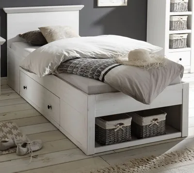 Produktbild von Bett Hooge in weiß Pinie Landhaus Einzelbett mit Bettschubkasten und Stauraum 90 x 200 cm