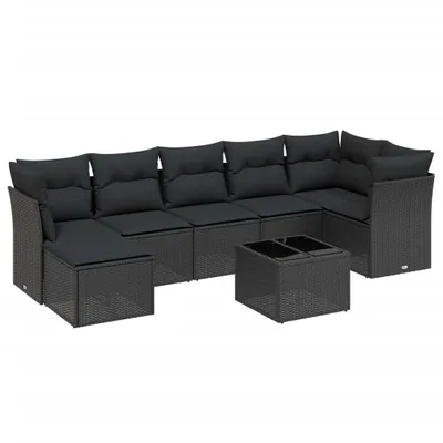 Produktbild von 8-tlg. Garten-Lounge-Set, modular, Poly Rattan Schwarz, mit abnehmbaren Kissen, pulverbeschichteter Stahlrahmen, Hartglas-Tischplatte, UV-beständig