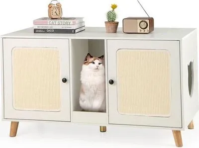 Produktbild von GOPLUS 2 in 1 Katzenschrank für Katzentoilette, Katzenklo Schrank mit 2 Türen, 2 Kratzbrettern & Kratzmatte aus Sisal, Weiß