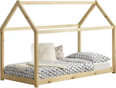 Immagine prodotto di Letto per bambini Netstal, modello "casa", letto a terra in legno di pino per camerette, con rete a doghe, dimensioni 90 x 200 cm, finitura in legno naturale