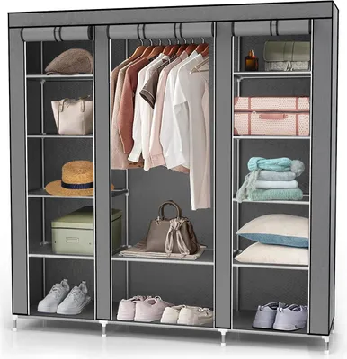 Produktbild von Intirilife Faltschrank 150x175x45 cm in ASCH GRAU - mit Reißverschluss Stoffschrank Kleiderschrank mit Kleiderstange, Fächern und Seitentasche - Camping Steckschrank Textil Garderobe