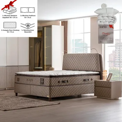 Produktbild von Bambi Boxspringbett 200x200 mit Bettkasten mit Matratzen Borjen Set Stauraum 7-Komfortzonen H3 Beige mit 2 Nachttischen