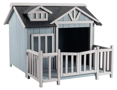 Produktbild von Wiltec Luxus XL Hundehütte 93,5 x 77,5 x 70 cm, grau weiß, Hundehaus aus Holz mit Veranda, Hundehöhle Outdoor für Balkon Garten Terrasse