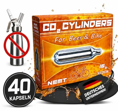 Produktbild von 40 NEMT 16g Co2 Bierkapseln and Bikekapseln für alle Bierzapfanlagen mit 16g Kohlensäurekapseln ohne Gewinde kompatibel auch zu CO2 Kartuschenpumpe Fahrrad Minipumpe ohne Gewinde