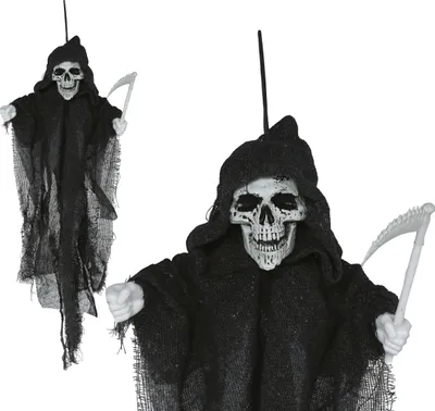 Produktbild von Skelett Dekoration Hängend Halloween 50 cm Grusel Totenschädel Sensenmann Horror, Farbe: Grau