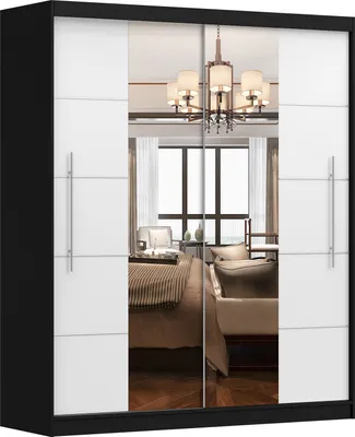 Produktbild von Schwebetürenschrank Kleiderschrank Schrank Garderobe Torino mit Spiegel und Zierleisten SCHWARZ/WEISS 200cm
