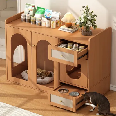 Zdjęcie produktu dla Szafka na kuwetę w stylu orzechowym 120 x 45 x 76 cm, wielofunkcyjna 5 w 1, z miejscem do odpoczynku, szufladą na miskę oraz ukrytą kuwetą