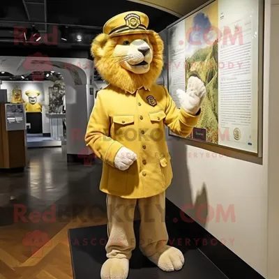 Produktbild von Goldene REDBROKOLY Löwe Maskottchen Kostüm figur bekleidet mit einem Oxford-Hemd und Baskenmützen