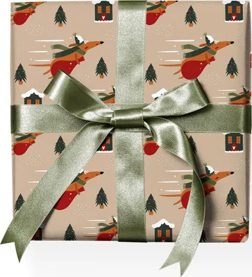 Produktbild von Santa Hunde Weihnachts Geschenkpapier mit fliegendem Weihnachts Hund und Weihnachtsbäumen  - G22158, 32 x 48cm